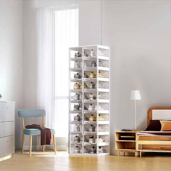 ANTBOX Foldable Shoe Rack,Shoe Organizers for Closet Plastic Shoe Storage Box Space Saving for Entryway, Large Sturdy Stackable Sneaker Cabinet Bins with Magnetic Clear Door 8 Tiers 16 Pairs