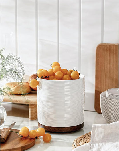 Utensil Holder, 360° Rotating Extra Large Ceramic Kitchen Utensil Holder for Countertop, 7.3“ Cooking Utensil Crocks for Kitchen Counter with Rotatable Wooden Base, Farmhouse Decor, White