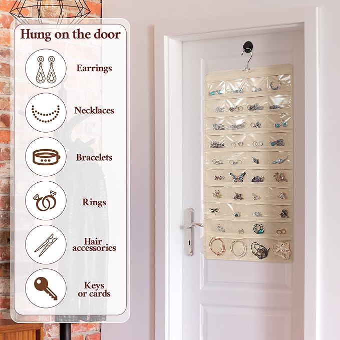Kenning 4 Pcs Hanging Jewelry Organizer with 80 Pockets Earring Storage Organizer Dual Sided Earring Holder Necklace Hanger Closet for Bracelet, Necklace, Ring, Knitting Tool, Accessories, Beige