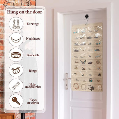 Kenning 4 Pcs Hanging Jewelry Organizer with 80 Pockets Earring Storage Organizer Dual Sided Earring Holder Necklace Hanger Closet for Bracelet, Necklace, Ring, Knitting Tool, Accessories, Beige
