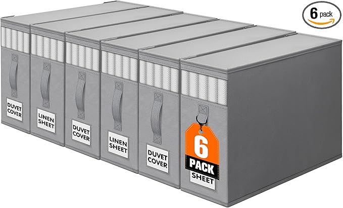 WOWBOX Sheet Organizers and Storage,Closet Bed Sheet Organizer Under Bed Storage and Organization with Label Cards & Clear Window for Bedding Sheets,Duvet Covers,Blankets (6 Pack，Gray)