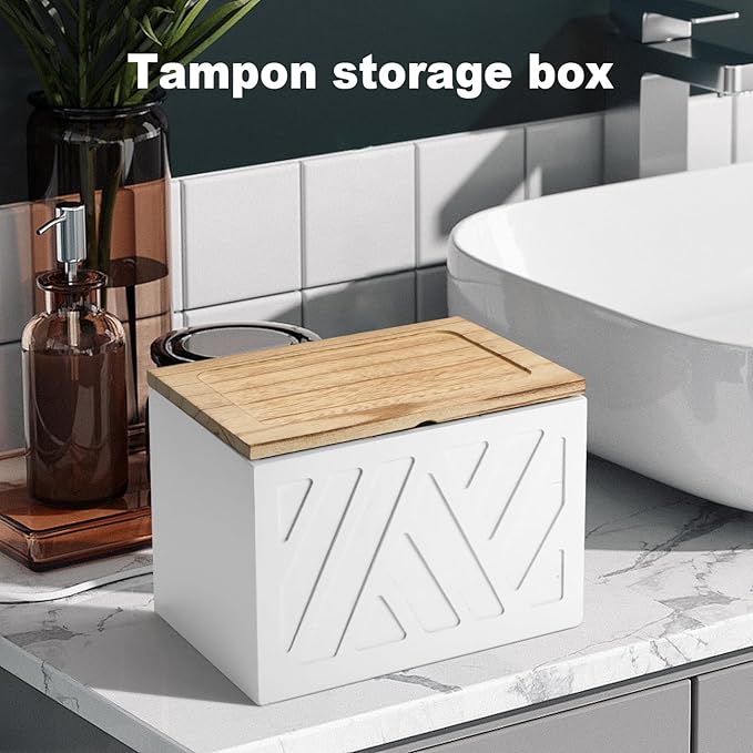 Tampon Holder for Bathroom, Feminine Product Organizer, Pad Organize Case with Lid, Shark Week Wooden Tampon Storage Decor, Lady Girl Stuff Box for Toilet Bathroom Accessories- White