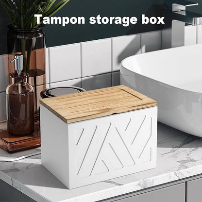 Tampon Holder for Bathroom, Feminine Product Organizer, Pad Organize Case with Lid, Shark Week Wooden Tampon Storage Decor, Lady Girl Stuff Box for Toilet Bathroom Accessories- White