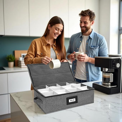 HURZMORO Mug Storage Box with 12 Compartments, Gray Hard Shell Container, Padded Dividers, Dual Handles, Zipper Lid for Coffee Cup Organization and Moving(2, Coffee Cup Storage Box)