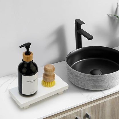White Wooden Bathroom Counter Tray Organizer Small Wood Risers Pedestal Stand Kitchen Soap Dish Dispenser Holder for Bathroom Counter Decor Farmhouse Bathroom Sink Accessories Modern Vanity Tray