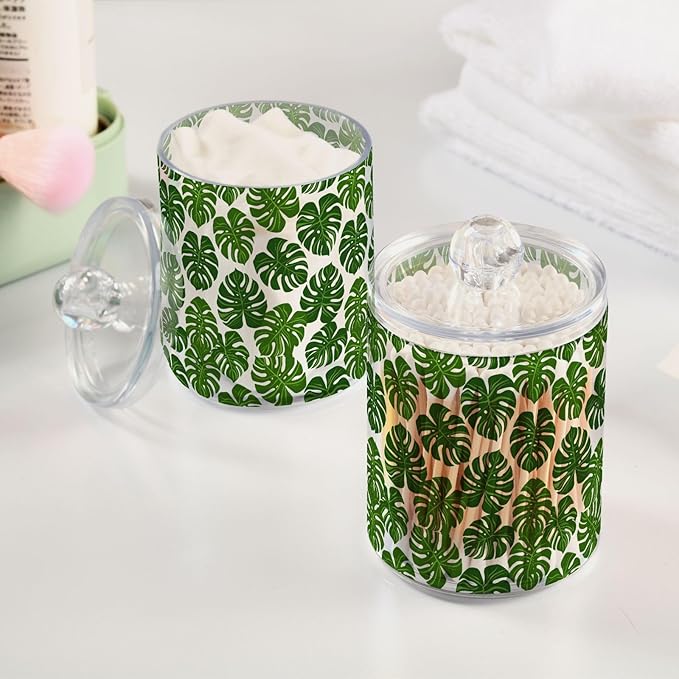 ALAZA 2pcs Monstera Leaf Palm Green White Qtip Holder Dispenser 14 oz Bathroom Storage Clear Apothecary Jars Containers Cotton Ball,Cotton Rounds,Floss Picks, Hair Clips, Food