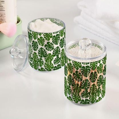 ALAZA 2pcs Monstera Leaf Palm Green White Qtip Holder Dispenser 14 oz Bathroom Storage Clear Apothecary Jars Containers Cotton Ball,Cotton Rounds,Floss Picks, Hair Clips, Food