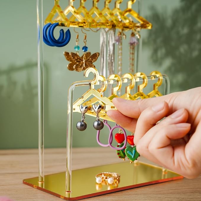 NiHome Glitter Acrylic Earring Holder with Unique Double-Tiered Design, Miniature Clothing Hangers with Spacious Storage for 48 Pairs, Mirror-Finish Display for Home Vanity & Retail Showrooms(Gold)
