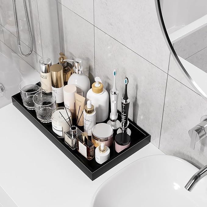 ZHWS Black Bathroom Vanity Tray for Countertop Perfume Makeup Jewelry Candle Decor, Kitchen Tray for Soap Dispenser Spice Salt, Large Black Tray for Toilet Tank Paper, Serving Nightstand 13”x6.5”