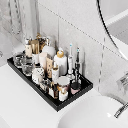 ZHWS Black Bathroom Vanity Tray for Countertop Perfume Makeup Jewelry Candle Decor, Kitchen Tray for Soap Dispenser Spice Salt, Large Black Tray for Toilet Tank Paper, Serving Nightstand 13”x6.5”