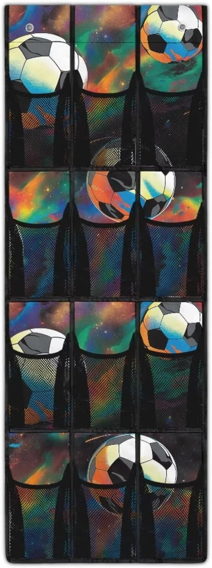Tie-Dye Soccer Ball Over Door Hanging Organizer, 12 Colorful Pockets Sports Decor Storage for Dorm Room & Game Room, No Drill Easy Install for Shoes & Balls