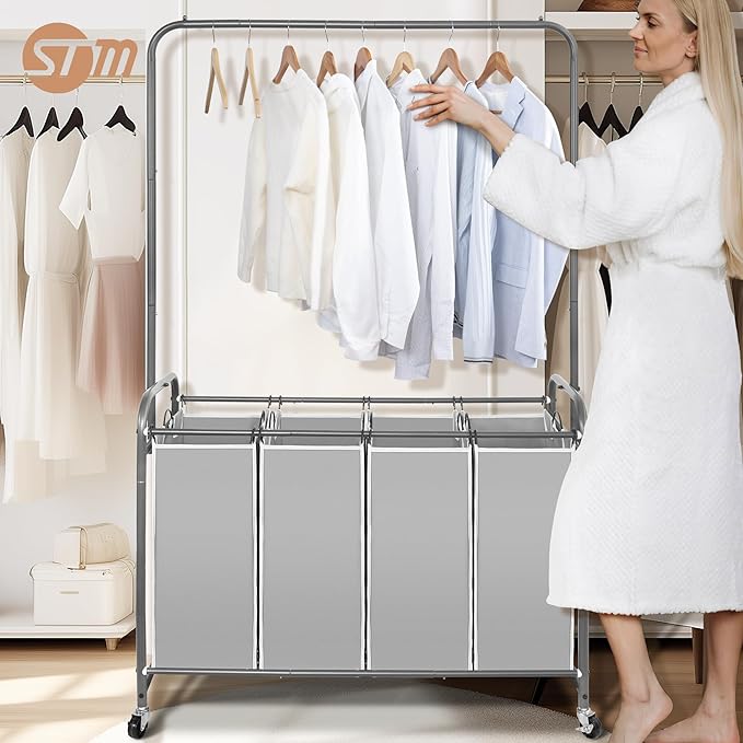 STORAGE MANIAC Laundry Sorter with Hanging Bar, Portable, Removable Laundry Hamper Cart with Heavy Duty Rolling Lockable Wheels and Removable Bags, Rolling Laundry Basket Organizer 181L, 4 Section