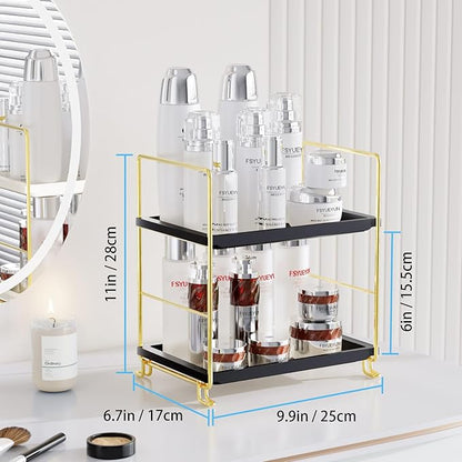 FSyueyun 2-Tier Bathroom Countertop Organizer, Tool-Less Installation Premium Plastics Makeup Shelf Organizer Perfume Skincare for Dresser Vanity Tray Organizers and Storage (Gold & Black)