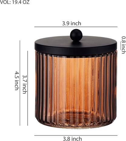 KMwares 2-Pack Glass Qtip Holder Dispenser Set for Cotton Ball, Swab, Round Pads, Floss Picks with Matte Black Metal lid - Bathroom Canister Storage Organization and Vanity Makeup Organizer (Brown)