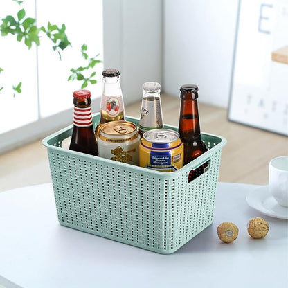 WUWEOT 9 Pack Plastic Storage Basket Bins Organizer, Cabinet and Shelf Basket with Handle,10" L x 6.8" W x 5.5" H, 3 Colors