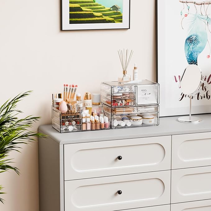 Yieach 3 Pack Clear Makeup Organizer Countertop for Dresser,Vanity and Bathroom Counter Organizer,Tiered Stackable Makeup Acrylic Organizers with 9 Drawer for Skincare,Brush and Make up Holders