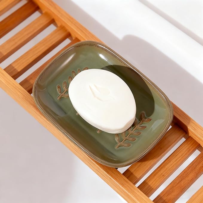 HighHerz Aesthetic Ceramic Soap Dish for Shower, Soap Holder with Raised Relief, Shower Soap Dish for Shampoo Bar Or Sponge, Soap Saver for Bathroom, Kitchen, Sink, Decorative Soap Tray (Green)