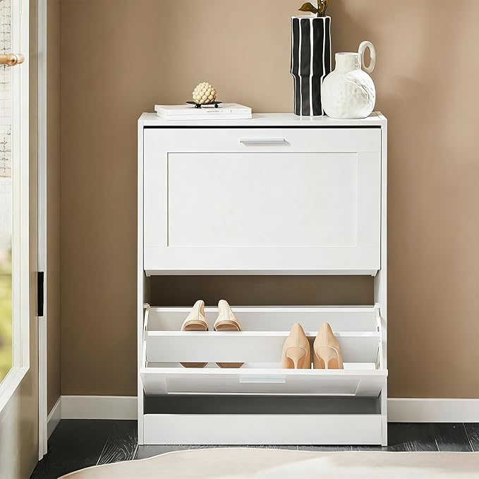 Haotian Shoe Cabinet Storage for Entryway, Narrow Shoe Cabinet with Two Flip Drawers to Save Space, Shoe Rack Cabinet for Front Door Entrance Hallway (White)