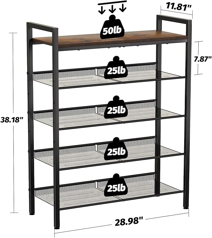 WIN4ALL Shoe Rack for Front Door Entrance, 5 Tier Shoe Rack for Entryway, 16-20 Pairs of Shoes, Metal Shoe Rack Organizer, Free Standing Shoe Rack for Closet (Black+Rustic Brown)