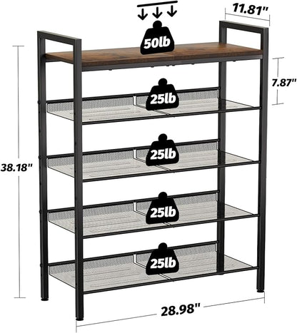WIN4ALL Shoe Rack for Front Door Entrance, 5 Tier Shoe Rack for Entryway, 16-20 Pairs of Shoes, Metal Shoe Rack Organizer, Free Standing Shoe Rack for Closet (Black+Rustic Brown)