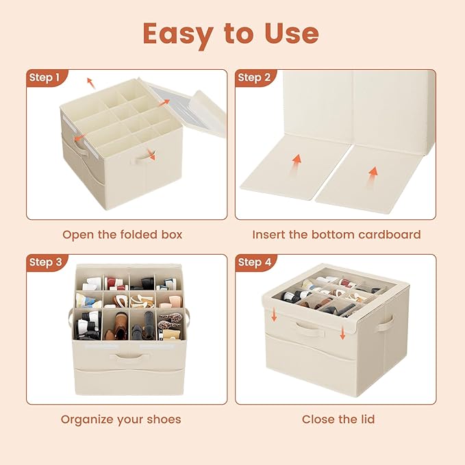 PHINOX Shoe Organizer for Closet, Fits 12-24 Pairs, Shoe Storage Bins with Clear Cover and Reinforced Handles, Foldable Shoe Storage Organizer, Space Saving Shoe Holder for Wardrobe, 2 Pack Beige