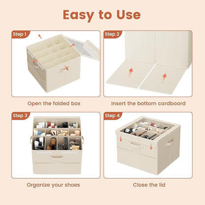 PHINOX Shoe Organizer for Closet, Fits 12-24 Pairs, Shoe Storage Bins with Clear Cover and Reinforced Handles, Foldable Shoe Storage Organizer, Space Saving Shoe Holder for Wardrobe, 2 Pack Beige