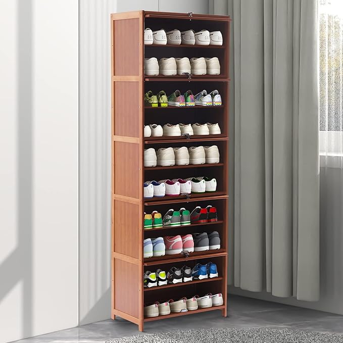 10 Tiers Shoe Storage Cabinet with Doors Tall Bamboo Hidden Shoe Storage Freestanding Shoes Heels Sneakers Shelf Rack 28 Pairs of Shoes Organizer Book Shelf for Entryway Hallway Living Room Bedroom
