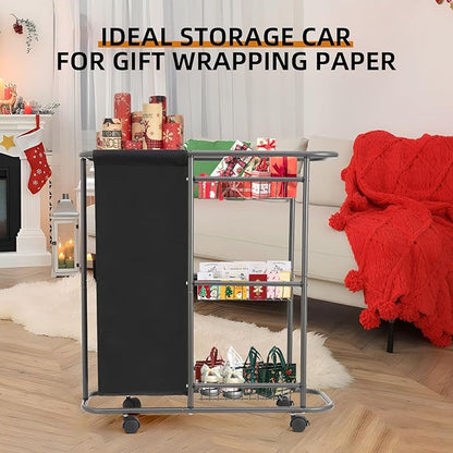 Rolling Laundry Cart with Wheels: 3-Tier Laundry Caddy Between Washer and Dryer - Heavy Duty Wrapping Paper Cart with 45L Bag for Narrow Space Laundry Room Bathroom Bedroom Black