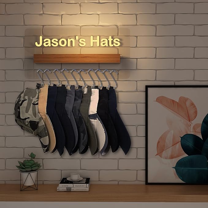 Lampeez Light up Hat Organizer, Personalized Hat Holder with Acrylic and Wood Materials and LED Lights, Hat Racks for Baseball Caps
