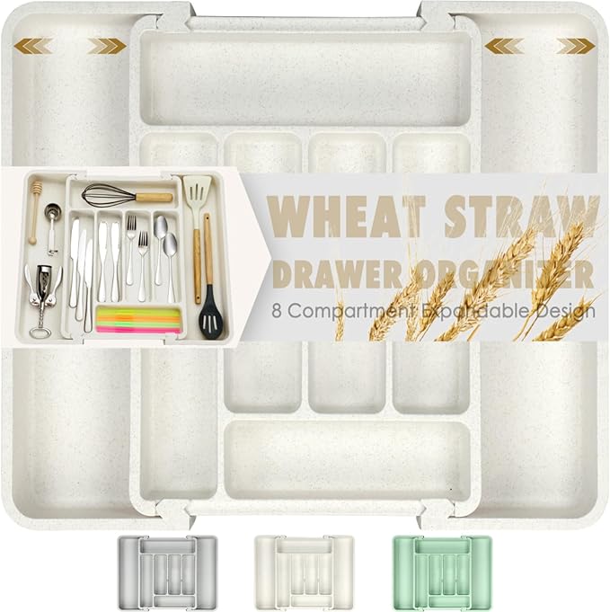 FANCILLA Heavy Duty Silverware Organizer for Kitchen Drawers - Large Wheat Straw Utensils Drawer Organizer, BPA-Free Adjustable Cutlery Holder, Dishwasher Safe, 6-8 Wider Slots (White)