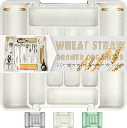 FANCILLA Heavy Duty Silverware Organizer for Kitchen Drawers - Large Wheat Straw Utensils Drawer Organizer, BPA-Free Adjustable Cutlery Holder, Dishwasher Safe, 6-8 Wider Slots (White)
