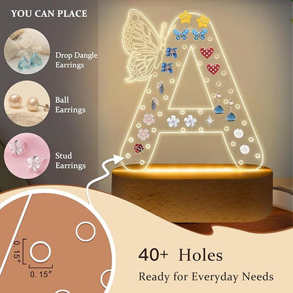 COSHAYSOO Stud Earring Holder Organizer Initial Acrylic with Butterfly LED Decoration Women Teacher Nurse Doctor Appreciation Birthday Gift Ideas, Flat Back Pearl Heart Earrings Display Rack Letter B