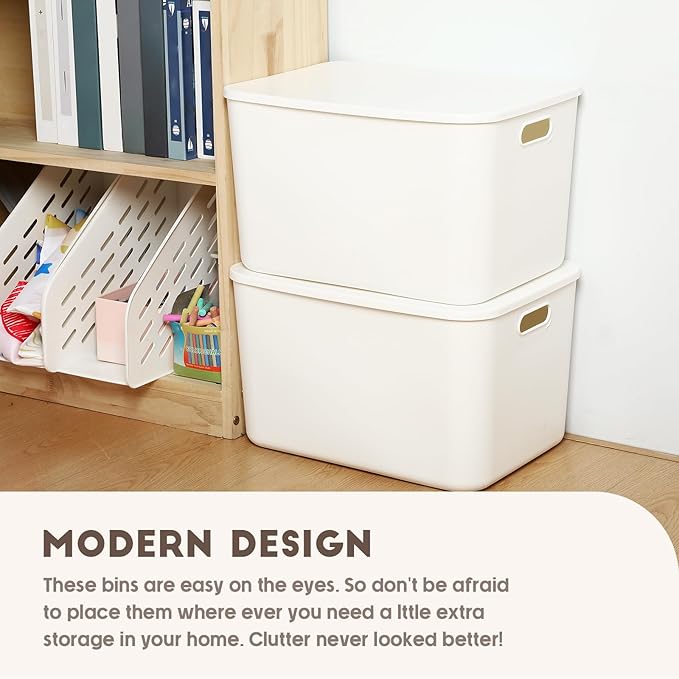 Tuanse 8 Pieces White Plastic Storage Bins with Lids, Stackable Storage baskets with Handle Containers Box for Shelves Drawers Desktop Playroom Classroom Office Organization(16 x 12 x 9.7 Inches)