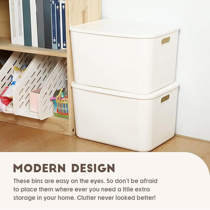 Tuanse 8 Pieces White Plastic Storage Bins with Lids, Stackable Storage baskets with Handle Containers Box for Shelves Drawers Desktop Playroom Classroom Office Organization(16 x 12 x 9.7 Inches)