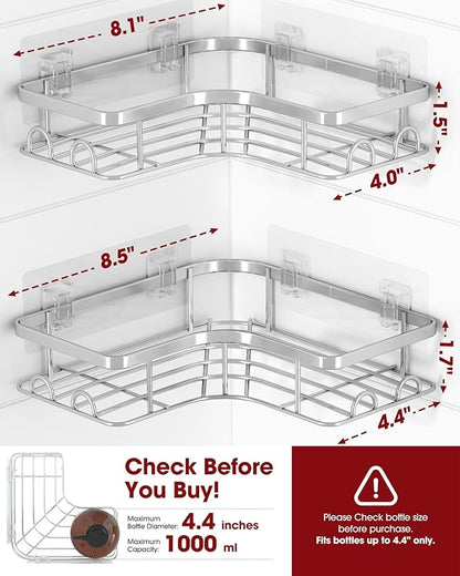 Sakugi Corner Shower Caddy - 2 Pack, Adhesive Shower Organizers, Rustproof Stainless Steel Shower Shelves with 8 Hooks, No Drilling Bathroom Organizers and Storage Racks, Space-Saving, Silver, Medium