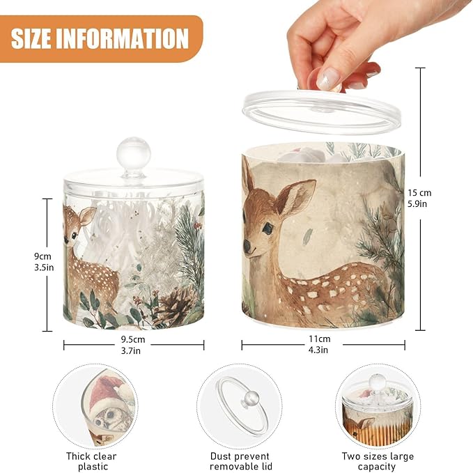 2 Pack Qtip Dispenser Apothecary Jars with Lids Cotton Round Holder Bathroom Canisters for Cotton Swab Floss Ball Pads Clear Plastic Decorative Beige Christmas Owl Deer Pinecorns