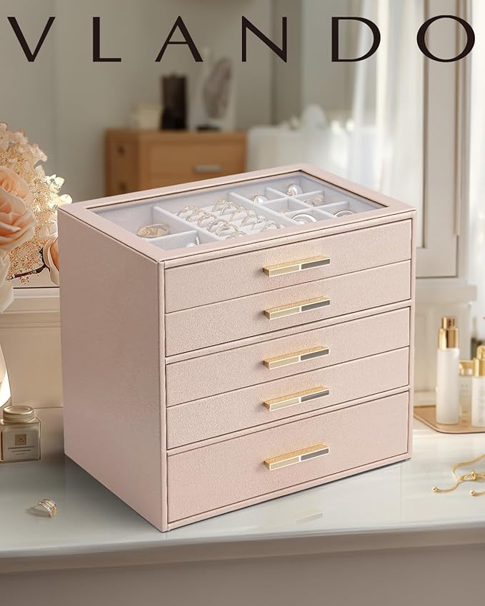 VLANDO 5 Layer Jewelry Box for Women, Glass Lid Jewelry Organizer with 5 Drawers for Necklaces Rings Earrings Bracelets - Toffee