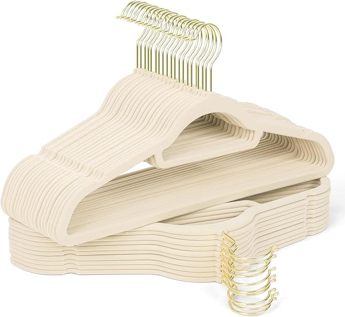 Sishynio Premium Velvet Hangers 30 Pack with Gold Hooks, Non-Slip, Space Saving Felt Clothes Hangers, Sturdy Slim Flocked Hanger for Dresses, Coats, Tie and Pants(Beige)
