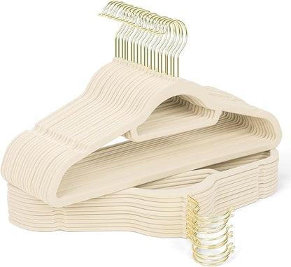 Sishynio Premium Velvet Hangers 30 Pack with Gold Hooks, Non-Slip, Space Saving Felt Clothes Hangers, Sturdy Slim Flocked Hanger for Dresses, Coats, Tie and Pants(Beige)