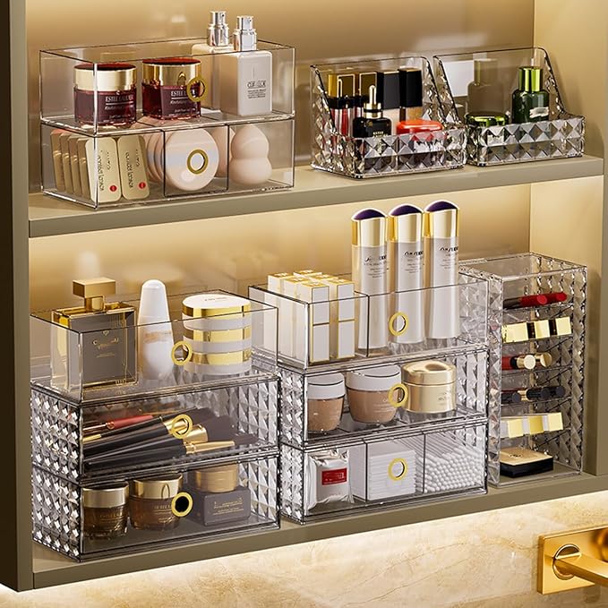 2-Tier Stackable Medicine Cabinet Organizer Drawer with Removable Dividers, Clear Plastic Bathroom Storage Drawers for Vanity, Countertop, Wall Cabinet Home Organization