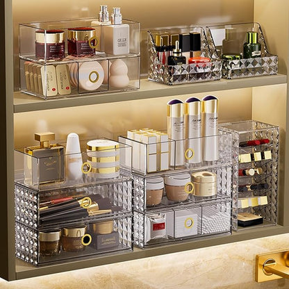 2-Tier Stackable Medicine Cabinet Organizer Drawer with Removable Dividers, Clear Plastic Bathroom Storage Drawers for Vanity, Countertop, Wall Cabinet Home Organization