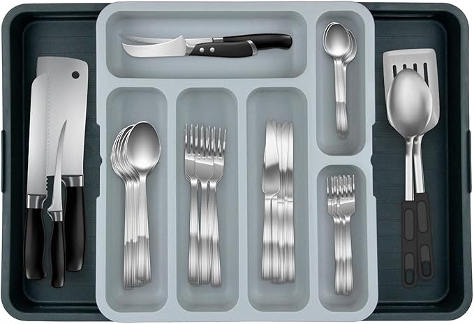 Furndiy Expandable Drawer Organizer Utensil Tray for Kitchen | Flatware and Cutlery Holder, Compact Storage for Spoons Forks Knives | Cutlery Utensil Set for | Based in USA