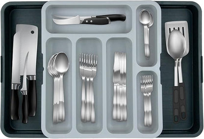 Furndiy Expandable Drawer Organizer Utensil Tray for Kitchen | Flatware and Cutlery Holder, Compact Storage for Spoons Forks Knives | Cutlery Utensil Set for | Based in USA