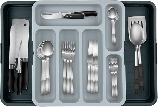 Furndiy Expandable Drawer Organizer Utensil Tray for Kitchen | Flatware and Cutlery Holder, Compact Storage for Spoons Forks Knives | Cutlery Utensil Set for | Based in USA