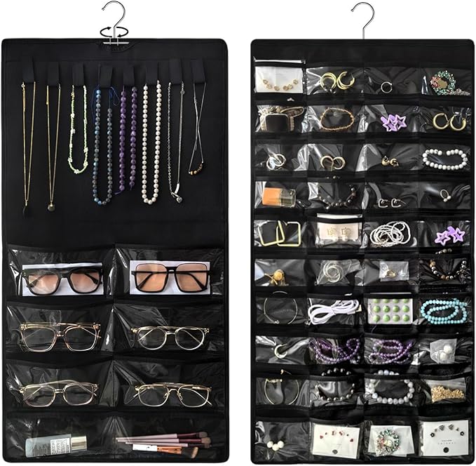 Double-Sided Hanging Jewelry Organizer with 48 Pockets and 8 Hooks – Versatile Accessories Holder for Earrings, Necklaces, Rings, Glasses – Wall, Door, or Closet Mounted Jewelry Hanger.