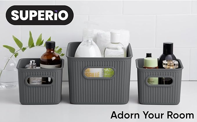 Decorative Plastic Basket Lidded Home Storage Bins Organizer Baskets, Medium Grey (1 Pack - 5 Liter) Stackable Container Box, for Organizing Closet Storage Bins for Shelves - Ribbed Collection