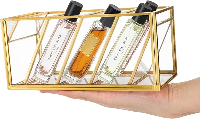 Peohud Rollerball Perfume Organizer, 4 Compartment Gold Glass Makeup Brush Holder, Vintage Desktop Organizer for Lipstick, Pen, Pencil, Home, Bathroom
