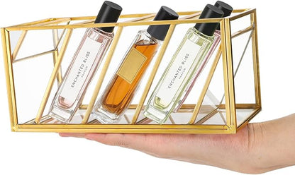 Peohud Rollerball Perfume Organizer, 4 Compartment Gold Glass Makeup Brush Holder, Vintage Desktop Organizer for Lipstick, Pen, Pencil, Home, Bathroom