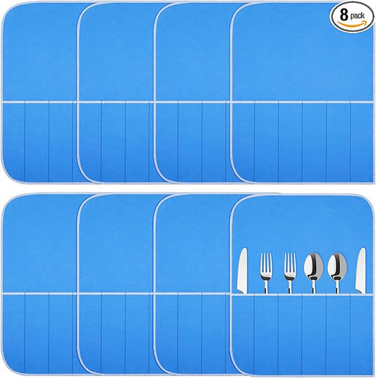Weewooday Silver Storage Bags Anti Tarnish Silver Protector Bags Blue Holder for Silverware Flatware Storage Organizer Cloth Place Setting Roll with White Ribbon for Teaspoon Utensils(8 Pieces)