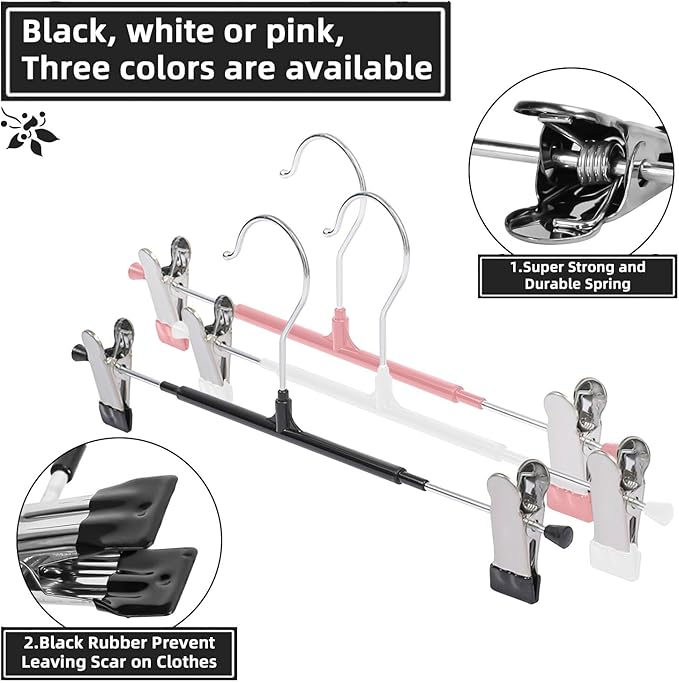 Non-Marking Anti-Slip Pants Hanger and Clip, Space-Saving, for Jeans, Long Pants, Skirts and Shorts - Durable (20, Black)